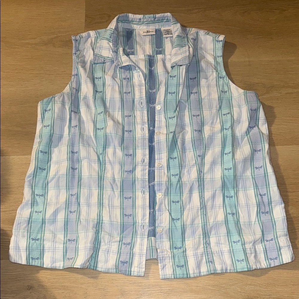 Dragonfly Sleeveless Plaid Button-Up Shirt 100 percent cotton